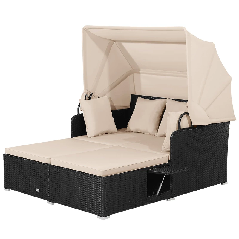 RELAX4LIFE Patio Rattan Daybed, Wicker Sun Bed Lounger Couch with Retractable Canopy, 2 Folding Side Trays & Soft Cushions, Outdoor Double Sofa Bed Garden Furniture Set for Porch Poolside (Khaki)