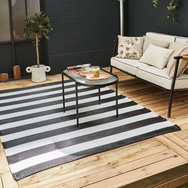 THE RUGS Rainbow Collection Outdoor Rug - Easy to Clean, Waterproof Plastic Outdoor Rugs for Garden, Patio, Balcony, Camping - Vibrant Plastic Straw Rug - Striped Black/White, 240x340