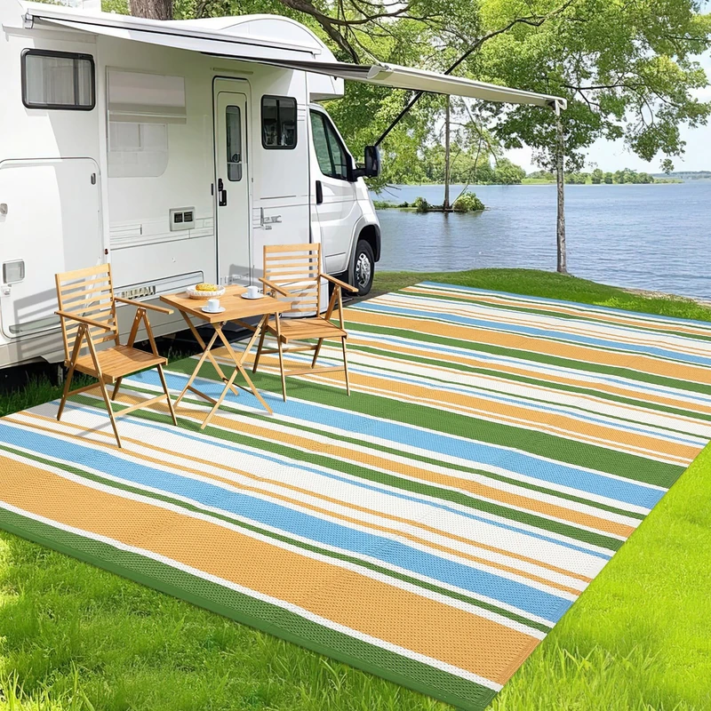 Garvee 244 x 305 cm Waterproof Outdoor Rug Made of Plastic Straw, Modern Striped Outdoor Camping Rug for Patio, Porch, Balcony or Balcony (Reversible, Reversible)
