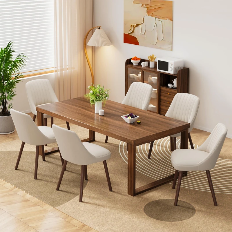 MALOL Wooden Dining Chairs Set of 6, Fabric Chairs for Dining Room with with Wood Legs and Thick Seat Cushion, Upholstered Kitchen Chair with Anti-Slip Pads, Beige
