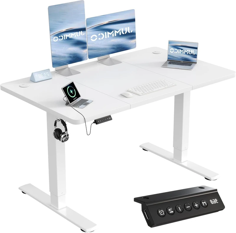 JUMMICO Electric Standing Desk with USB Charging, 120x60cm Height Adjustable Desk with Sedentary Reminder Stand Up Desk with Splice Board for Home Office,White
