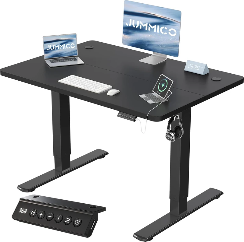 JUMMICO Electric Standing Desk with USB Charging, 120x60cm Height Adjustable Desk with Sedentary Reminder Stand Up Desk with Splice Board for Home Office,Black