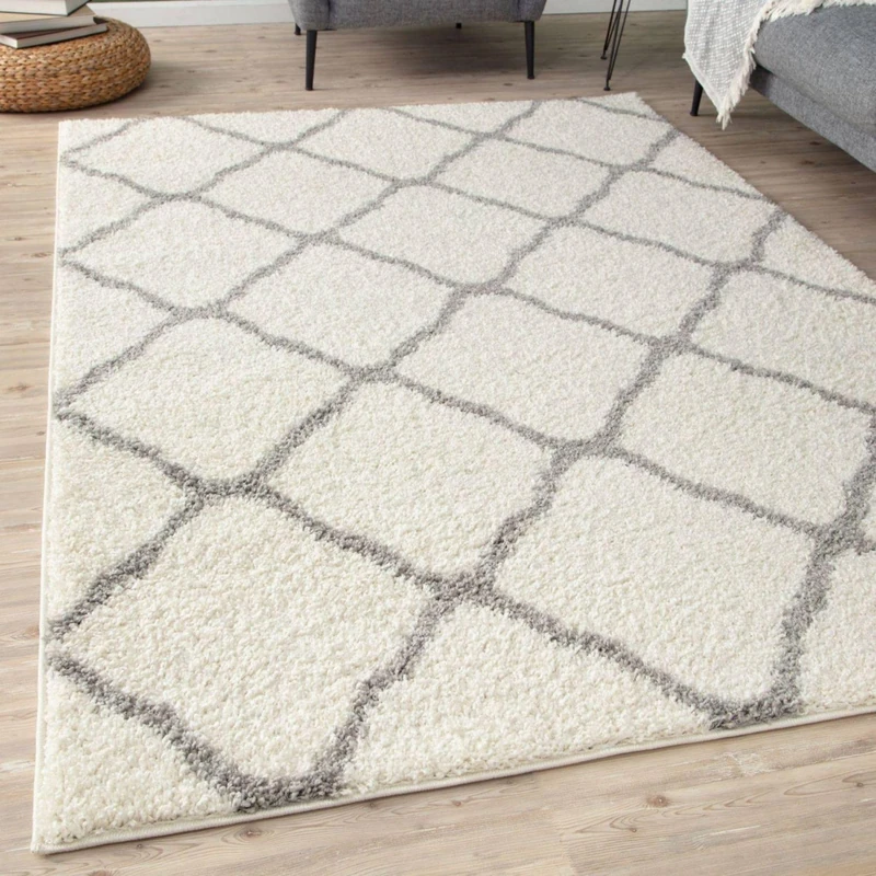 THE RUGS Shaggy Rug – Modern Moroccan Design Rugs for Living Room, Bedroom, Hallway, 30 cm Thick Area Rugs, (Moroccan Ivory/Grey, 240x340cm)