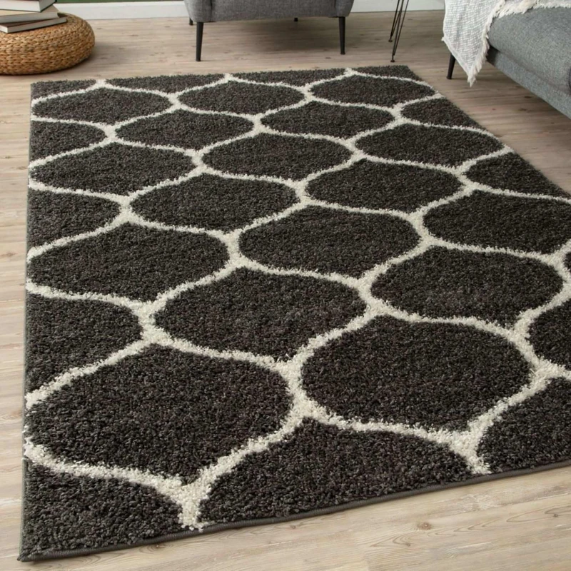 THE RUGS Shaggy Rug – Modern Moroccan Design Rugs for Living Room, Bedroom, Hallway, 30 cm Thick Area Rugs, (Trellis Dark Grey/Ivory, 240x340cm)