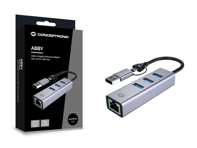 Conceptronic USB-C/USB-A 3.0 to Gigabit Ethernet Adapter with 3X USB-A 3.0, 5Gbps Transfer Speed - Image 1