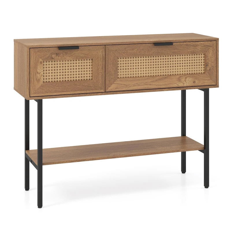 CASART Boho Console Table, 100cm Rattan Entryway Table Hallway Desk with Flip Doors, 2 Compartments & Open Shelf, Slim Metal Frame Behind Sofa Table For Living Room Foyer (Natural)