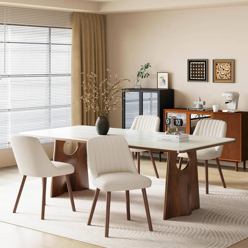 MALOL Wooden Dining Chairs Set of 4, Fabric Chairs for Dining Room with with Wood Legs and Thick Seat Cushion, Upholstered Kitchen Chair with Anti-Slip Pads, Beige