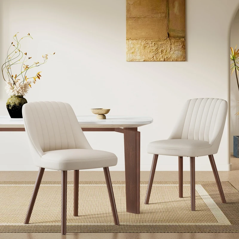 MALOL Wooden Dining Chairs Set of 2, Fabric Chairs for Dining Room with with Wood Legs and Thick Seat Cushion, Upholstered Kitchen Chair with Anti-Slip Pads, Beige - Image 1