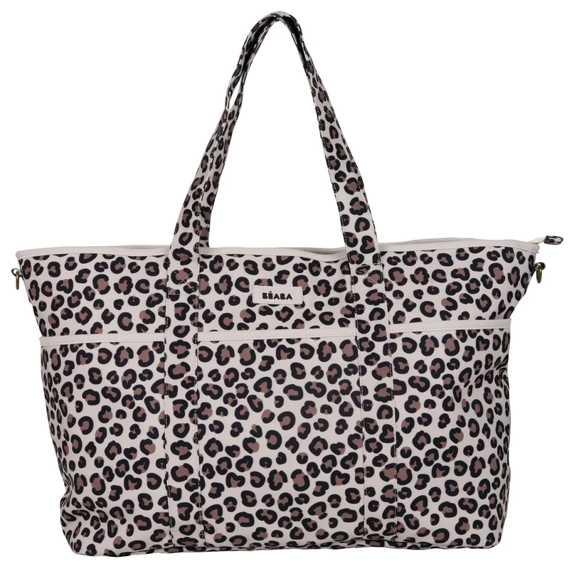 BÉABA, Madrid XXL 44L Changing Bag, Large Capacity Tote Bag, Changing Bag for Mum & Dad with 11 Pockets, Insulated Pocket, Integrated Pushchair Attachment, Padded Changing Mat, Leopard