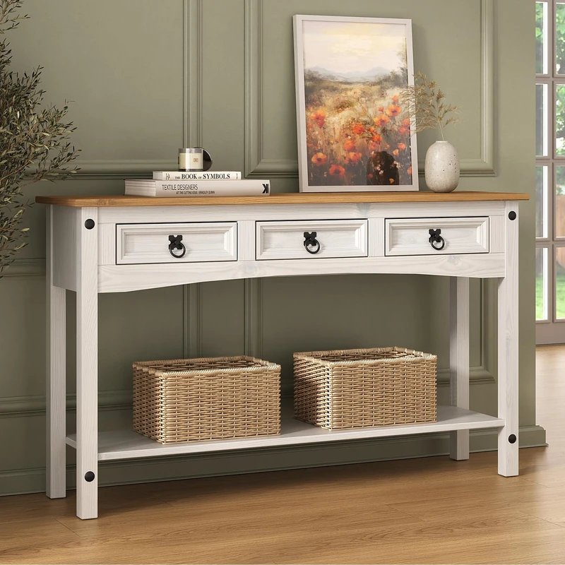 Corona Console Table 3 Drawer White Hallway Solid Pine Wood