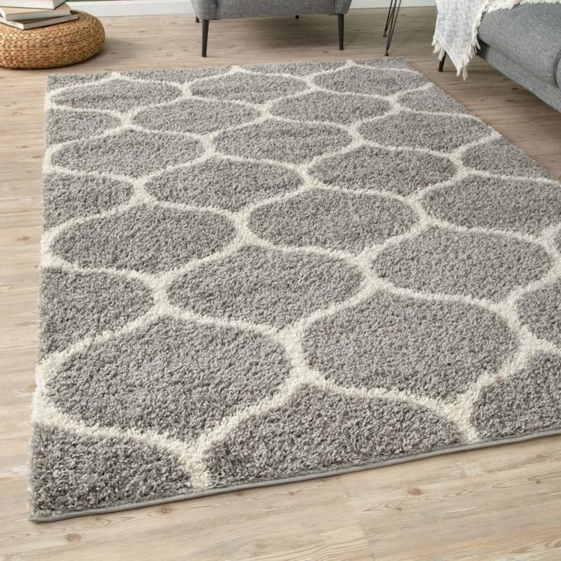 THE RUGS Shaggy Rug – Modern Moroccan Design Rugs for Living Room, Bedroom, Hallway, 30 cm Thick Area Rugs, (Trellis Grey/Ivory, 240x340cm)