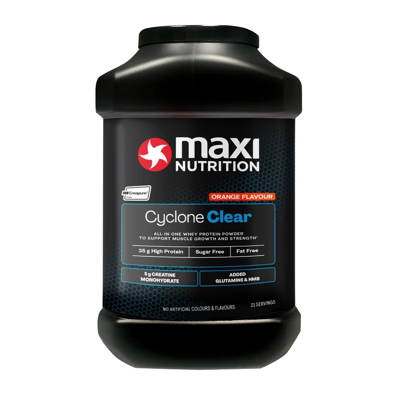 MaxiNutrition Cyclone, Orange, Clear Whey Protein Isolate + Creatine, Glutamine & HMB, Added Zinc - Low in Sugar and Zero Fat, 35g Protein per Serve - 1.26kg - NO Artificial Colours OR Flavours