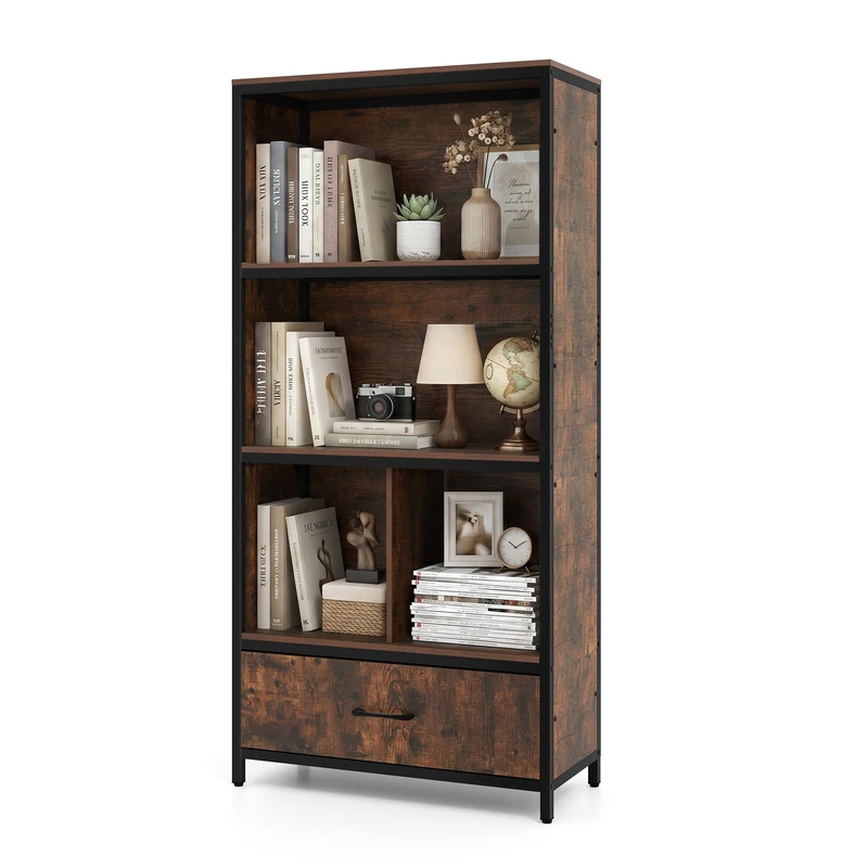 CASART 5-Tier Tall Bookcase, 152cm Bookshelf (Rustic Brown+Black)