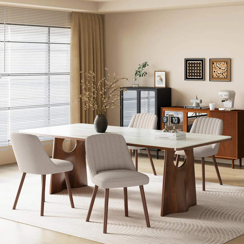 MALOL Wooden Dining Chairs Set of 4, Fabric Chairs for Dining Room with with Wood Legs and Thick Seat Cushion, Upholstered Kitchen Chair with Anti-Slip Pads, Camel