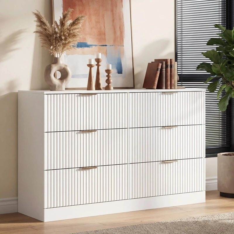 MALOL White Chest of Drawers, Dual Anti-Tip Design Wooden Chest of Drawers, 6 Drawers with Metal Handles, Modern Storage Unit for Bedroom Living Room Entryway