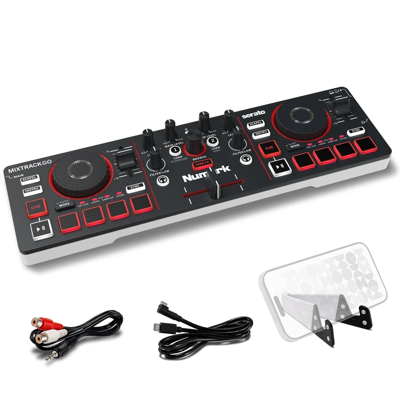 Numark MixTrack Go Compact Bluetooth DJ Controller with Stems Control | 2-Deck DJ Mixer, for Beginners & Mobile DJs, Smart Fader, Beat Assist, USB-C, Serato DJ Lite & Algoriddim djay Included - Image 1