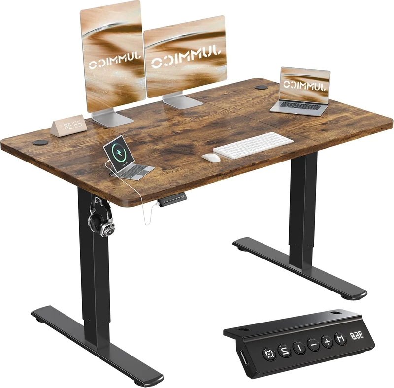JUMMICO Electric Standing Desk with USB Charging, 120x60cm Height Adjustable Desk with Sedentary Reminder Stand Up Desk with Splice Board for Home Office,Rustic Brown