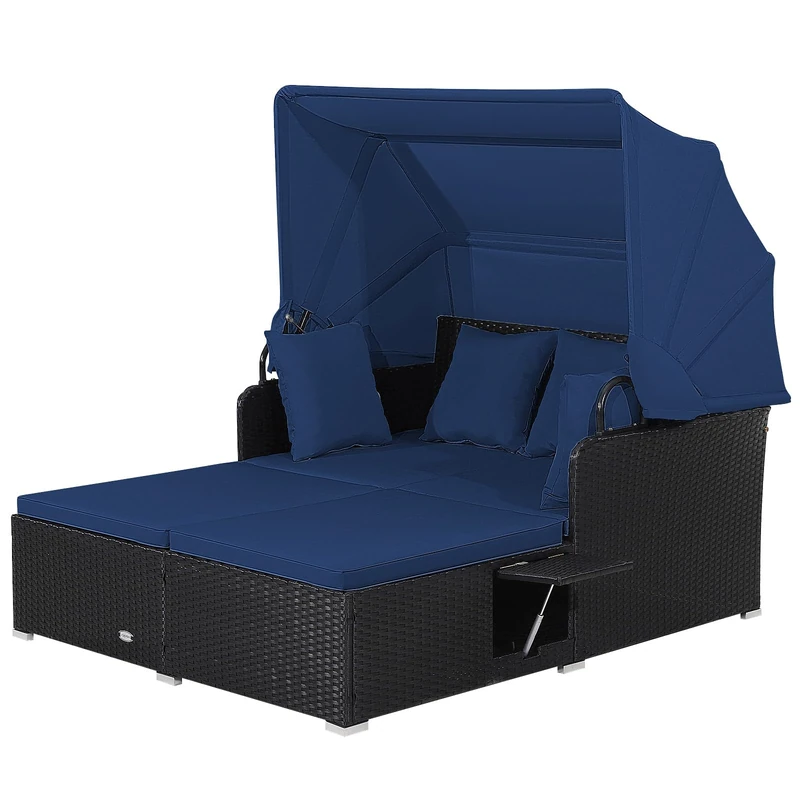 RELAX4LIFE Patio Rattan Daybed, Wicker Sun Bed Lounger Couch with Retractable Canopy, 2 Folding Side Trays & Soft Cushions, Outdoor Double Sofa Bed Garden Furniture Set for Porch Poolside (Navy)