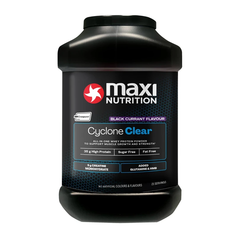 MaxiNutrition Cyclone Clear, Blackcurrant, Clear Whey Protein Isolate + Creatine, Glutamine & HMB, Zinc - Low in Sugar and Zero Fat, 35g Protein per Serve - 1.26kg - NO Artificial Colours OR Flavours