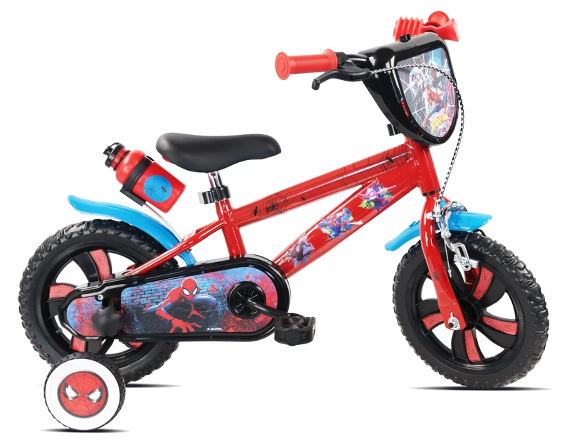 Denver Spider-Man 12" Kids Bicycle, Red, Blue and Black, with Training Wheels, Drinks Bottle, Marvel Theme, For Ages 3-5 Years Approx - Image 1