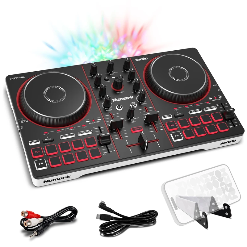 Numark Party Mix III Bluetooth DJ Controller with Built-in Lights | Beat Assist, Smart Fader, 16 Pads, 2 Deck DJ Mixer, Stems Control, USB-C, Serato DJ Lite and Algoriddim djay Included - Image 1