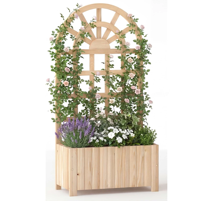 GiantexUK Raised Garden Bed with Trellis, Wooden Elevated Planter Box with Drainage Holes, Outdoor Flower Pots Elevated Planting Box for Climbing Plants Flowers Vegetables Herbs (Natural)