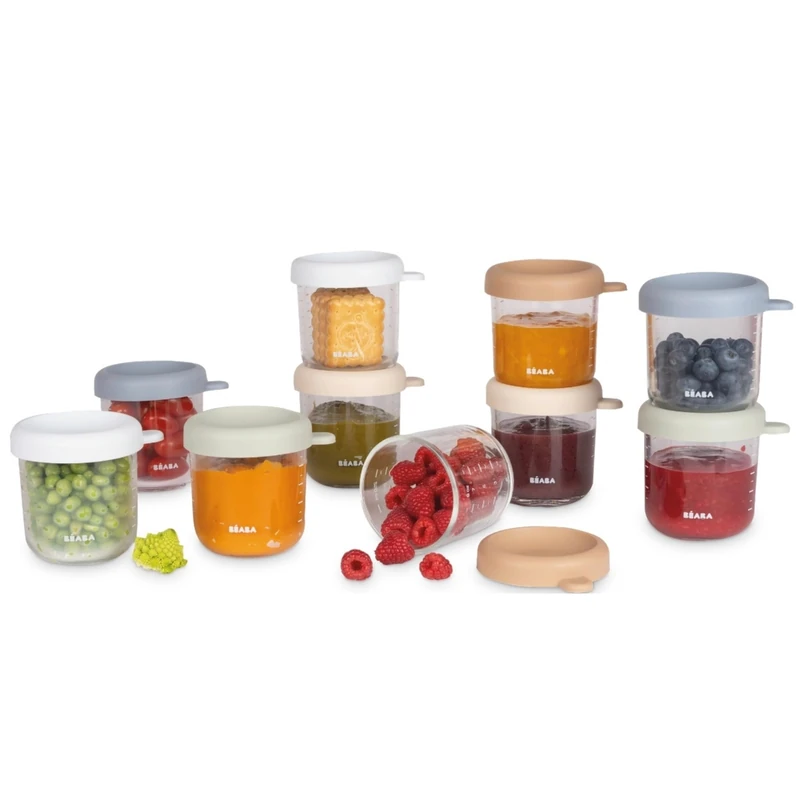 BÉABA, Set of 10 Glass Baby Food Storage Containers/Durable Glass, 100% Airtight, Heat & Cold Resistant, Freezer & Steriliser Safe, Measurement Markings, 250 ml, Natural Colours