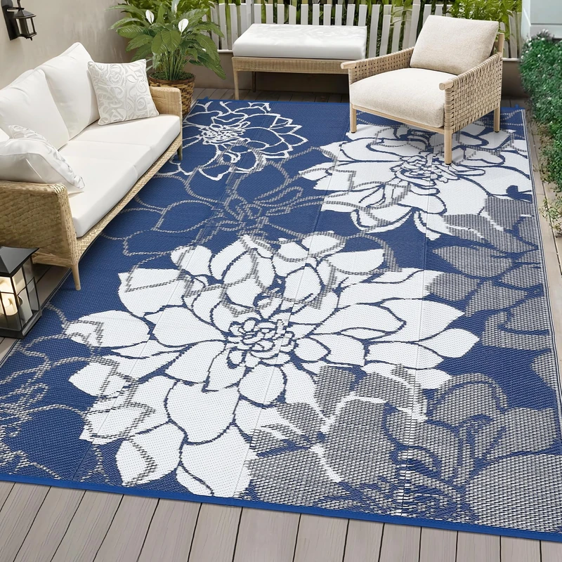 Garvee Waterproof Reversible Outdoor Rug - Modern Floral Design, UV Resistant, Easy to Fold, with Carry Bag & 4 Pegs - For Garden, Patio, Balcony, Camping - 8x10ft (244x305cm)