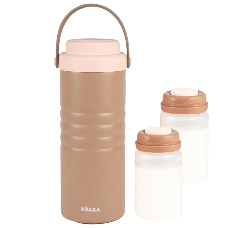 BÉABA, Portable Breast Milk Cooler, Keeps Milk Fresh for up to 24H Without Electricity, Double-Wall Stainless Steel Cooler, 360° Cooling Tubes, Breastfeeding Transport/Storage, 480 ml, Praline - Image 1
