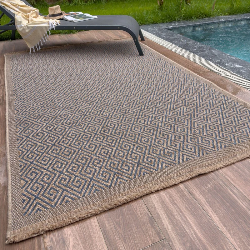 THE RUGS Nature Collection Outdoor Rug – Indoor/Outdoor Tona Border Area Rug for Patio, Deck, Garden, Kitchen, Bathroom or Living Room (Greek Key-Blue, 240 x 340 cm)