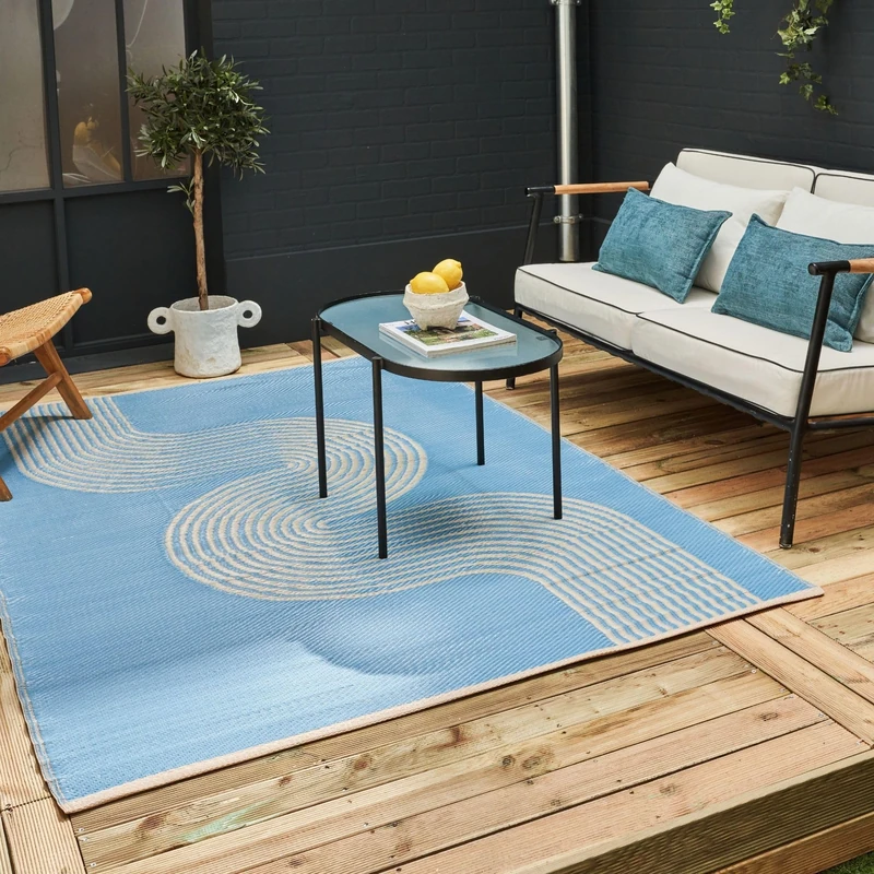 THE RUGS Urban Collection Outdoor Rug - Easy to Clean, Reversible, Waterproof Plastic Outdoor Rugs for Garden, Patio, Balcony, Camping - Contemporary Plastic Straw Rug - Waves Blue/Beige, 240x340cm