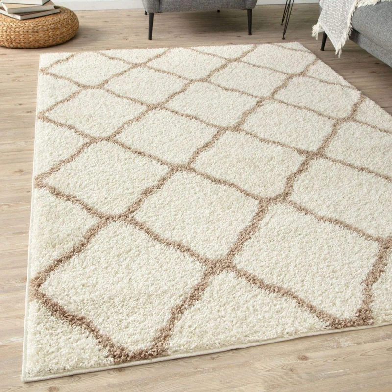 THE RUGS Shaggy Rug – Modern Moroccan Design Rugs for Living Room, Bedroom, Hallway, 30 cm Thick Area Rugs, (Moroccan Ivory/Beige, 240x340cm)