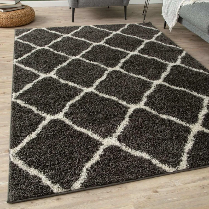 THE RUGS Shaggy Rug – Modern Moroccan Design Rugs for Living Room, Bedroom, Hallway, 30 cm Thick Area Rugs, (Moroccan Dark Grey/Ivory, 240x340cm)