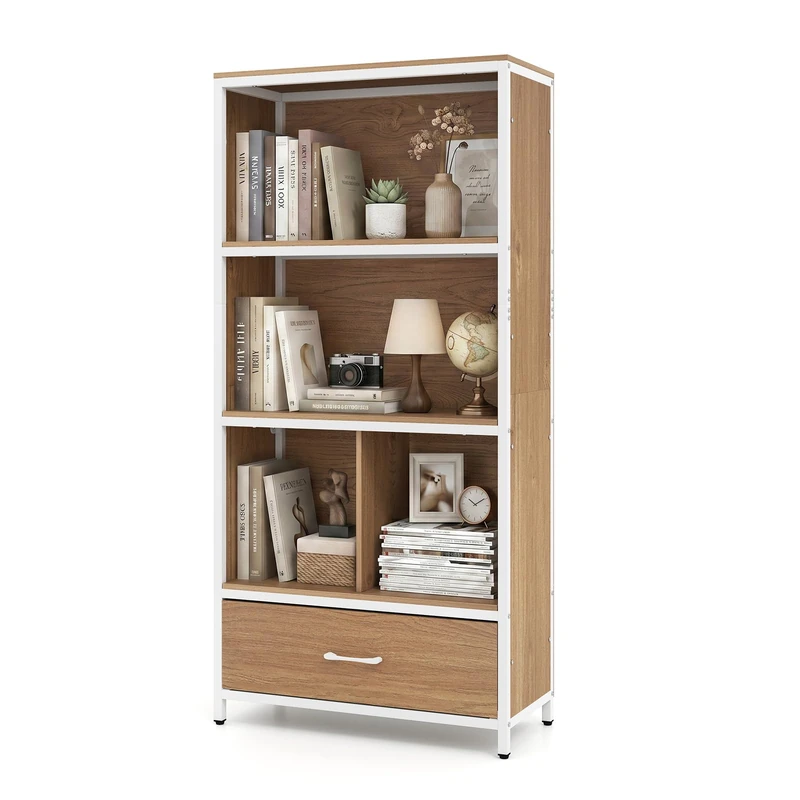 CASART 5-Tier Tall Bookcase, 152cm Bookshelf (Natural+White)