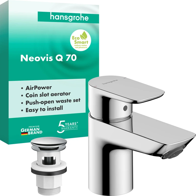 hansgrohe Neovis Q Bathroom Sink Tap with Push-Open Waste Set, Chrome