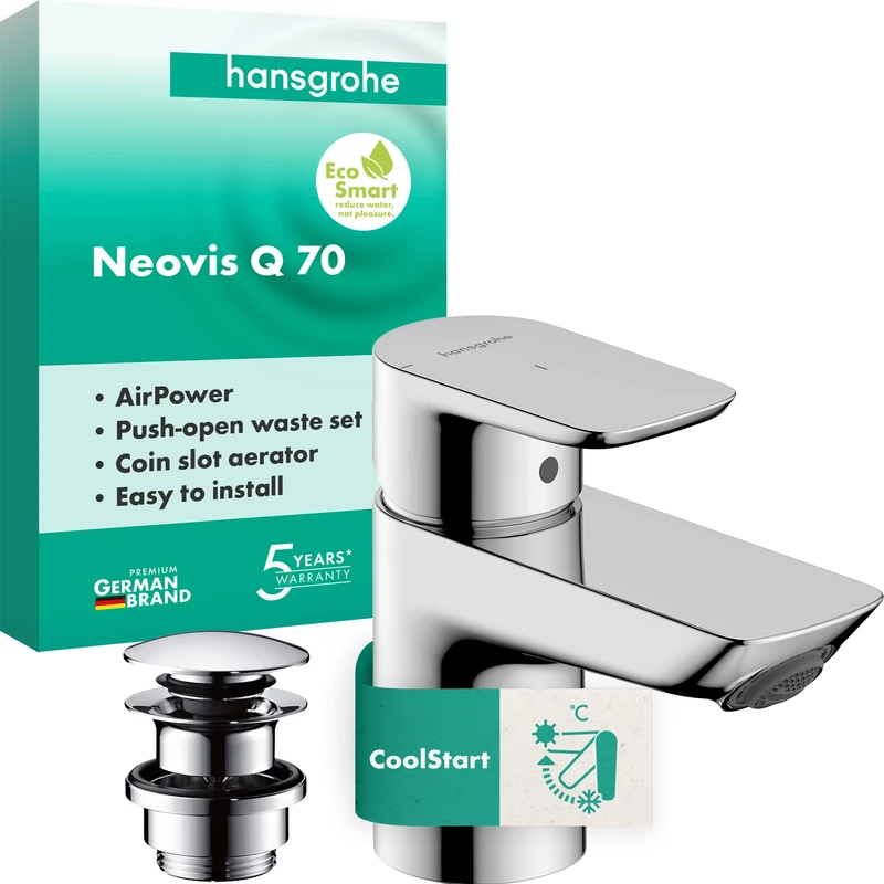 hansgrohe Neovis Q Bathroom Sink Tap with Metal Push-Open Waste, CoolStart