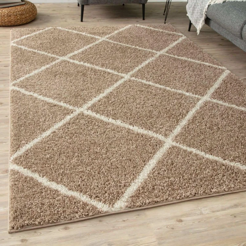 THE RUGS Shaggy Rug – Modern Moroccan Design Rugs for Living Room, Bedroom, Hallway, 30 cm Thick Area Rugs, (Diamond Beige/Ivory, 240x340cm)