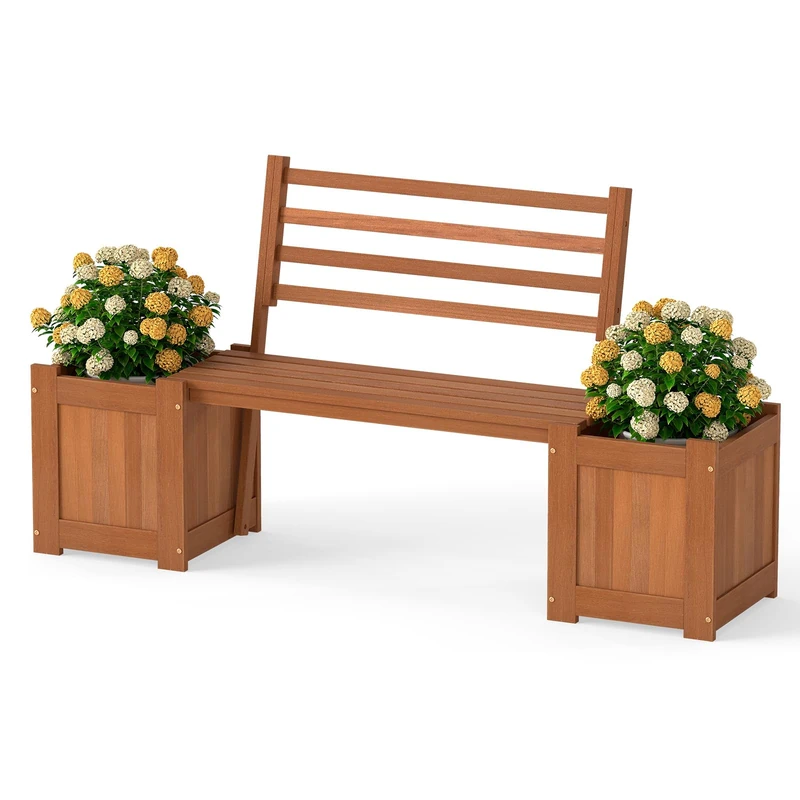 GiantexUK Wooden Garden Planter with Bench, Garden Bench Seat with 2 Raised Flower Boxes & Angled Backrest, Open-Bottom Elevated Planters for Yard Patio Balcony