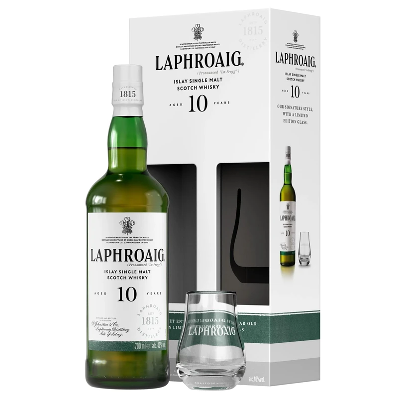 Laphroaig 10 Year Old Scotch -Islay Single Malt Whisky- 40% ABV- 70 cl- Limited edition Glass Pack