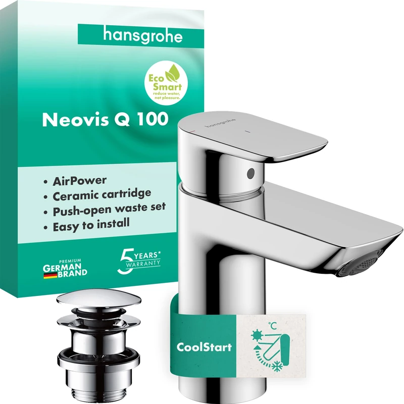 hansgrohe Neovis Q Bathroom Sink Tap with Metal Push-Open Waste, CoolStart