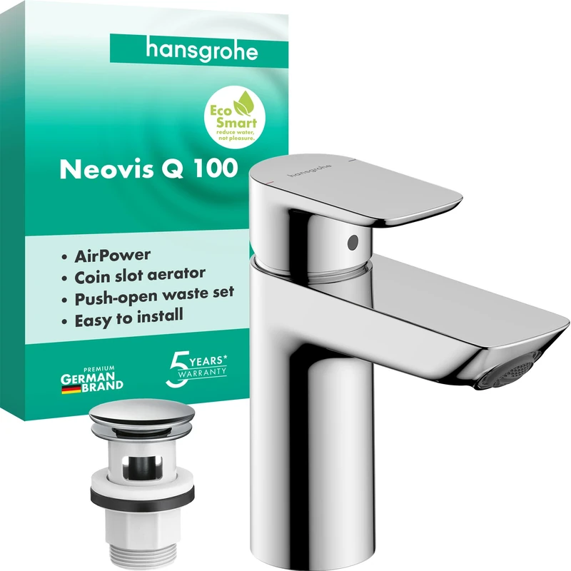 hansgrohe Neovis Q Bathroom Sink Tap with Push-Open Waste Set, Chrome