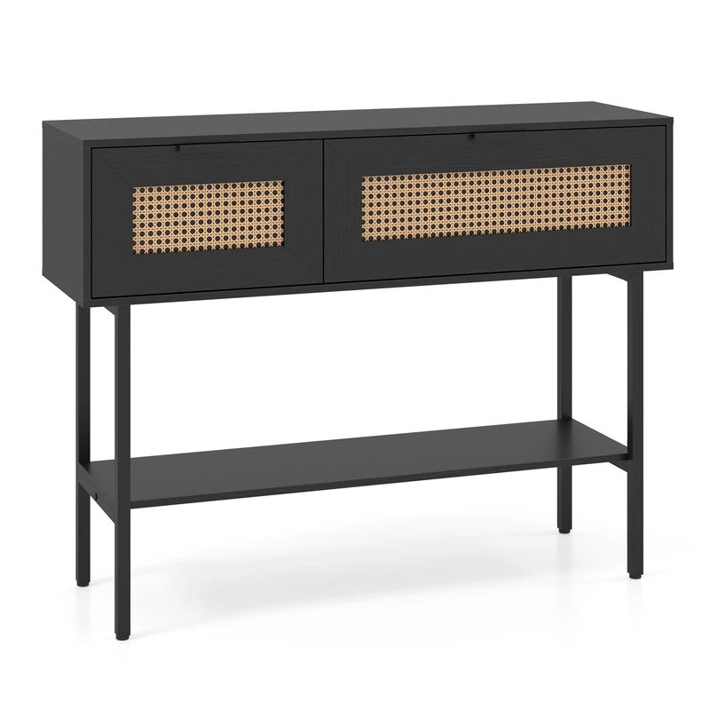CASART Boho Console Table, 100cm Rattan Entryway Table Hallway Desk with Flip Doors, 2 Compartments & Open Shelf, Slim Metal Frame Behind Sofa Table For Living Room Foyer (Black)
