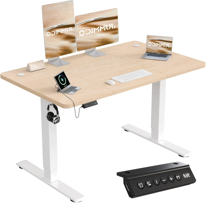 JUMMICO Electric Standing Desk with USB Charging, 120x60cm Height Adjustable Desk with Sedentary Reminder Stand Up Desk with Splice Board for Home Office,Beige