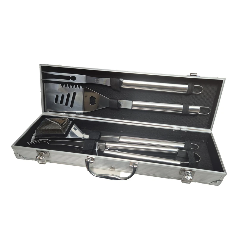 Little Balance 3081 Baroud'Fire Barbecue Kit 4 Utensils: Tongs, Fork, Spatula, Brush, for Garden, Camping, Hiking, Holidays. Barbecue Set with Portable Case, All Stainless Steel