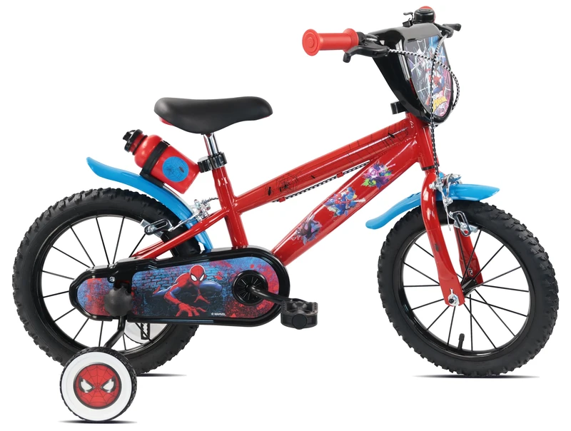 Spiderman Kids Bike, 14", Steel Frame, Inflatable Tyres, Training Wheels, Bottle and Front Plate Included, For Kids Ages 4-6 Years Approx