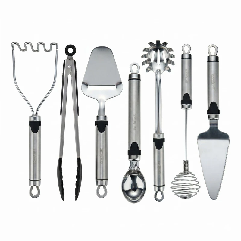 San Ignacio Expert Set of 7 Kitchen Utensils in Stainless Steel - Potato Press, Tongs, Whisk, Servers and Shovel - Expert San Ignacio - Image 1