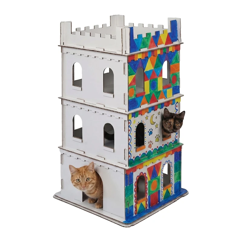 Relaxdays Cat Castle, 3-Storey Cardboard House with Slot-Together Design, 107.5 x 62 x 62 cm, White - Image 1