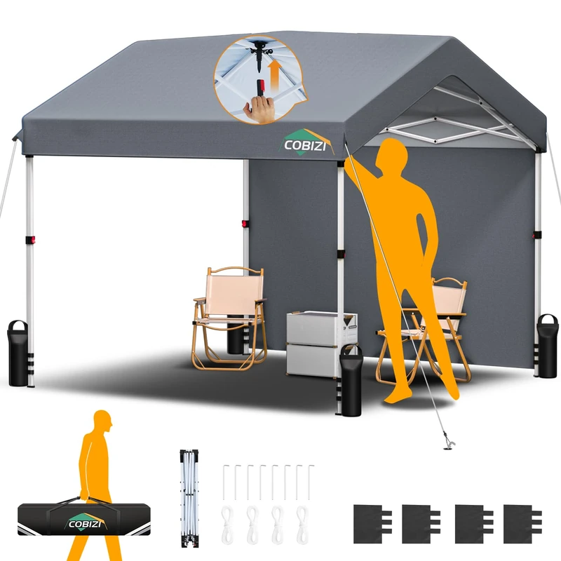 COBIZI Folding Gazebo 3 x 3 m Waterproof Stable One Push Pop Up Carport Party Tent with 1 Side Panels & 4 Sandbags 3 Height Adjustable Garden Gazebo for Camping Wedding UV Protection Grey - Image 1