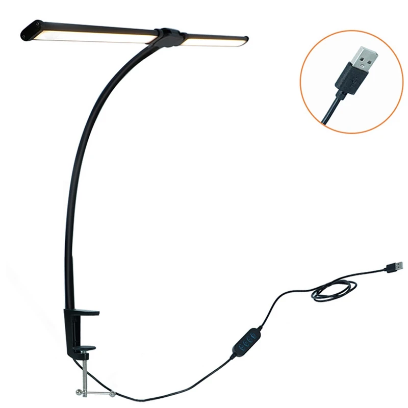 Relaxdays Desk Lamp, USB Cable Control, LED Dual-Head Lamp, 61 cm, Gooseneck Clamp, black