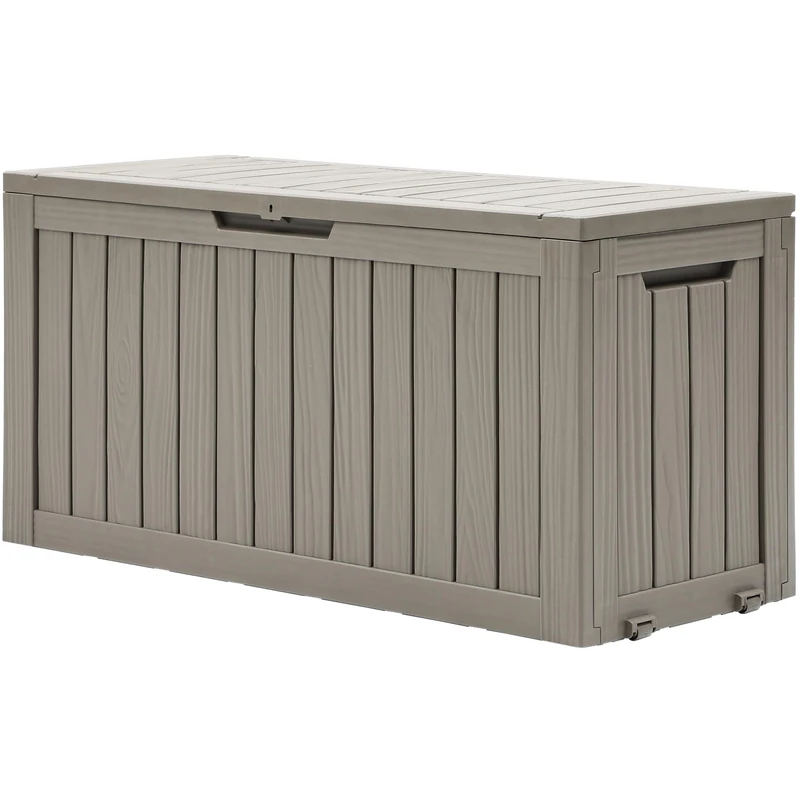 DWVO 270L Outdoor Resin Deck Box with Wheels, Waterproof Garden Storage Box for Patio Cushions, Sports Gear & Garden Tools, Lockable, Light Brown
